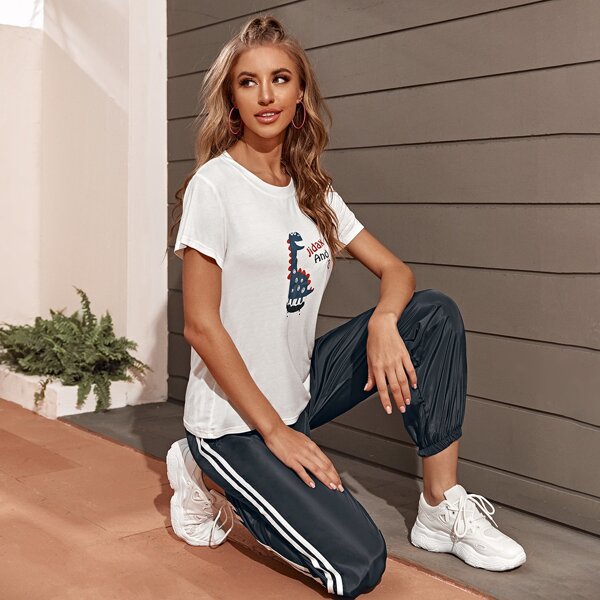 

Letter & Cartoon Graphic Tee & Side Striped Windbreak Joggers, Black and white