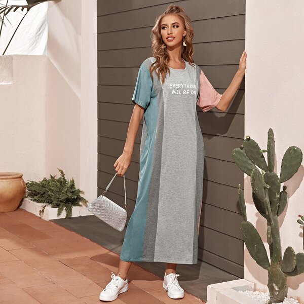

Slogan Graphic Color-block Lounge Dress, Multicolor