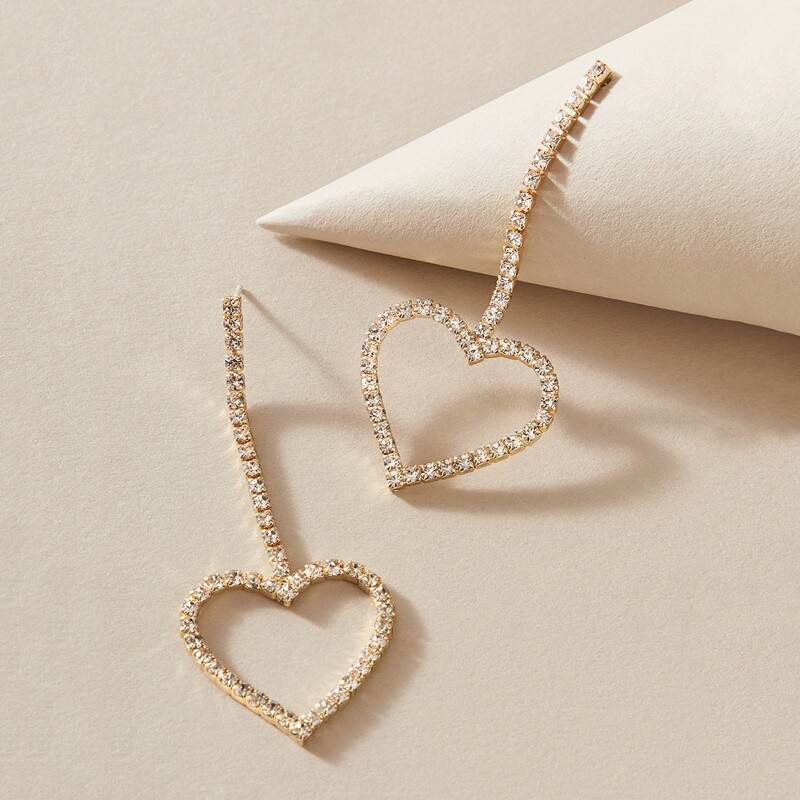 

Rhinestone Engraved Heart Earrings, Gold