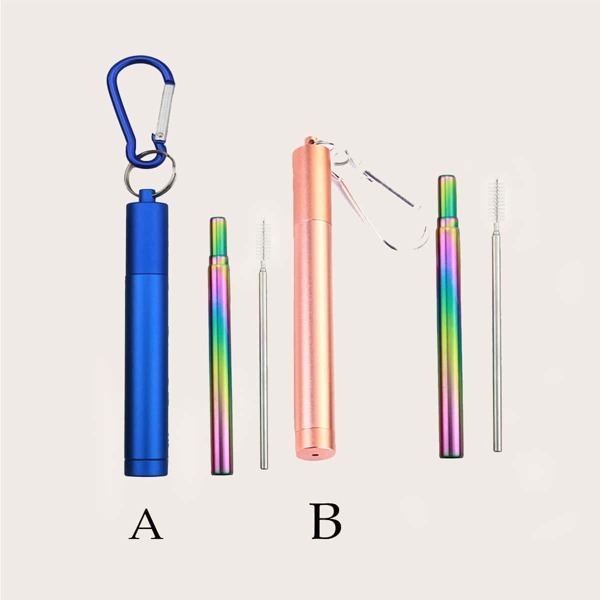 

1set Retractable Straw With Case & Brush, Multicolor