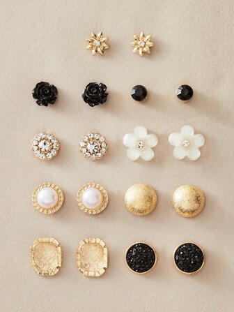 RINTOLER 9pairs Rhinestone Floral Stud Earrings