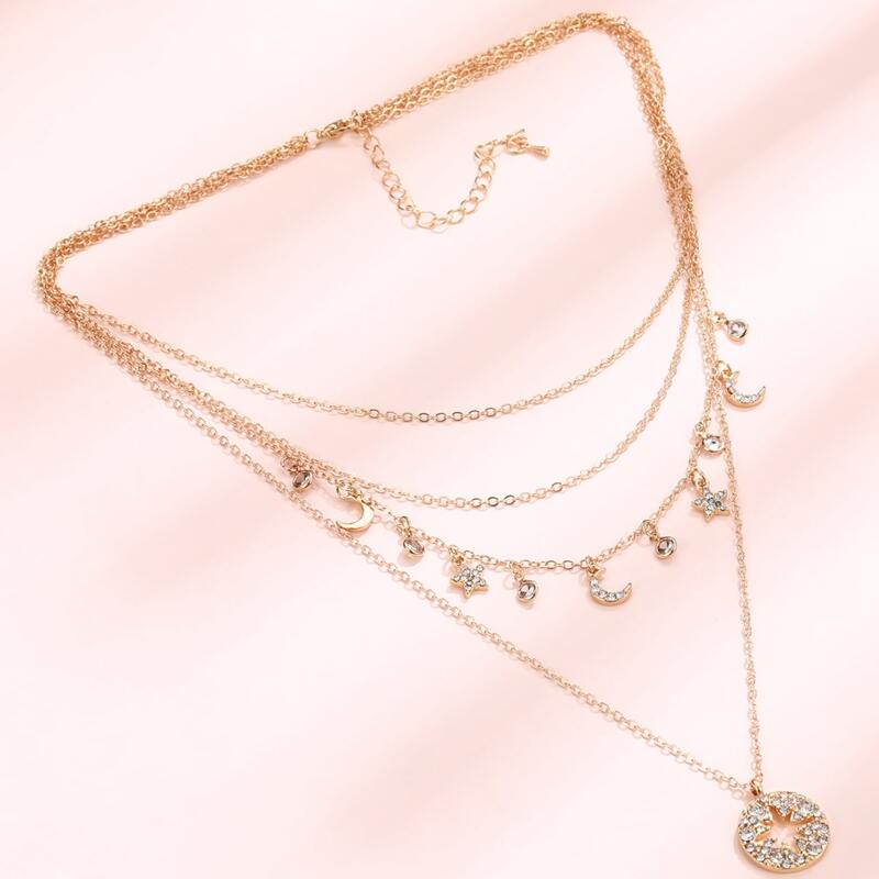 

1pc Rhinestone Star & Moon Layered Necklace, Gold
