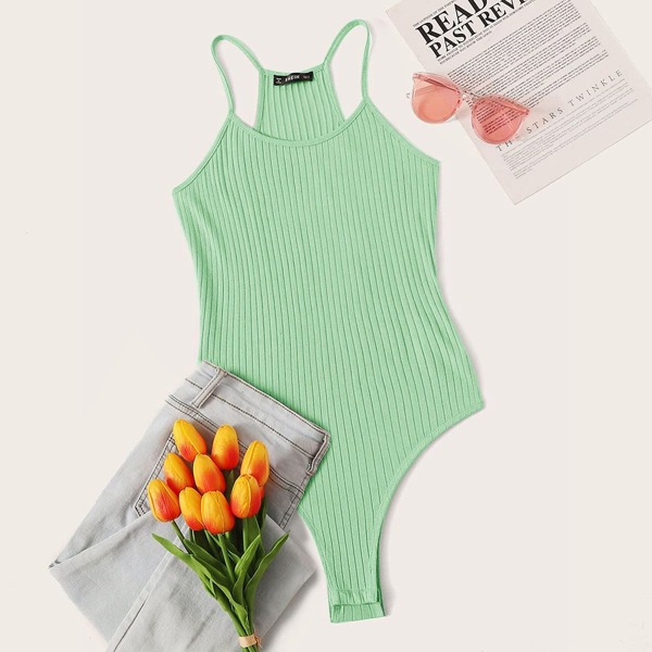 

Solid Rib-knit Cami Bodysuit, Green pastel