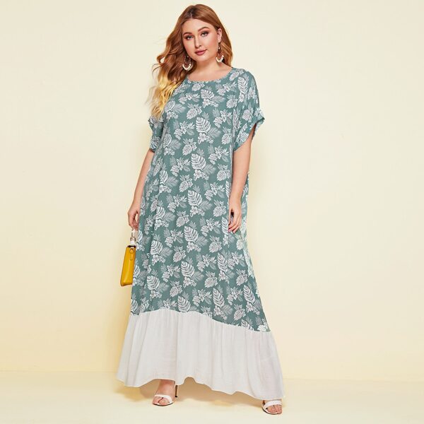 

Plus Tropical Print Contrast Hem Dress, Green