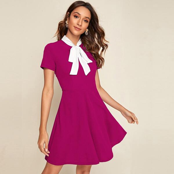 

Contrast Tie Neck Fit & Flare Dress, Purple