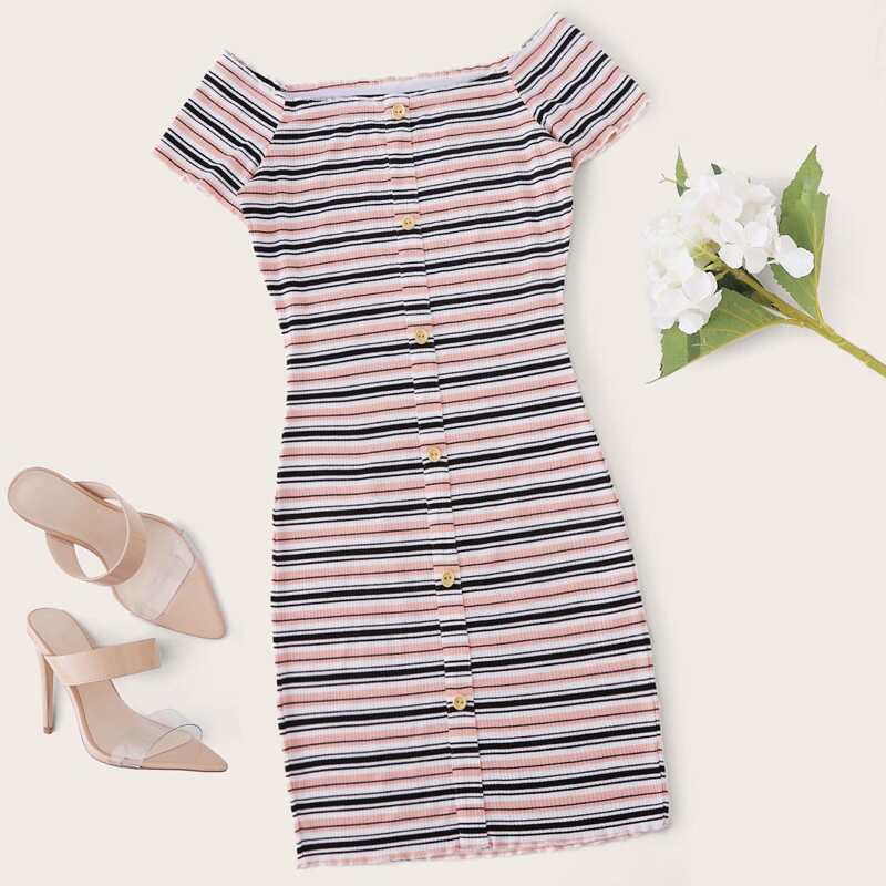 

Striped Button Front Ribbed Bardot Dress, Multicolor