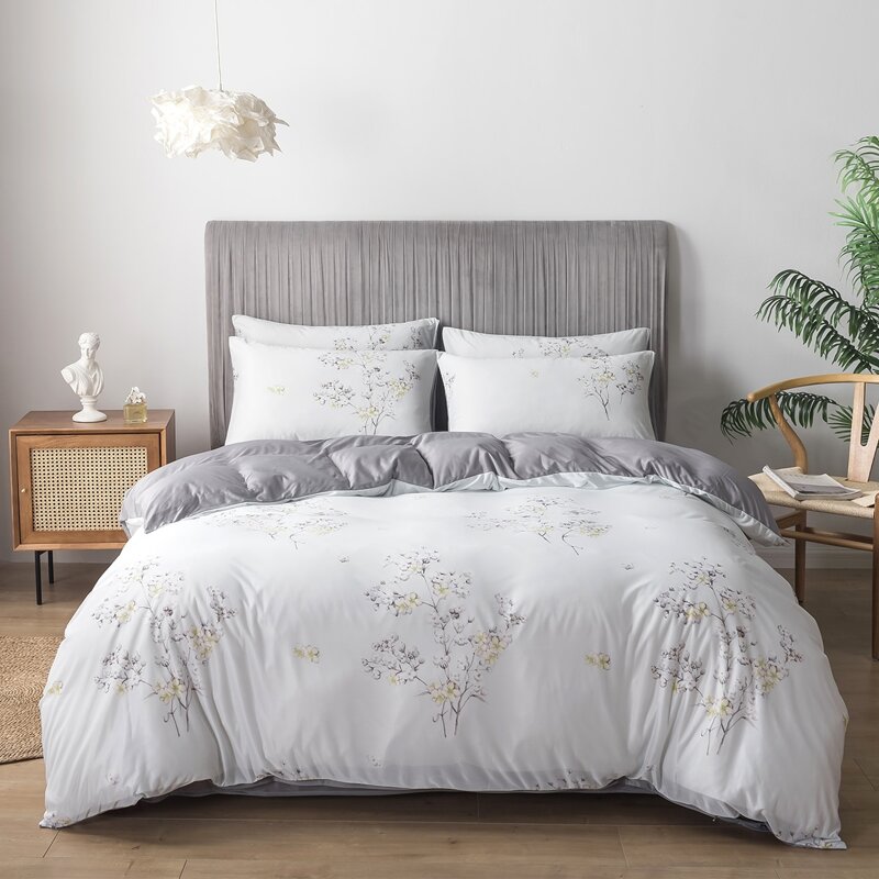 

Flower Print Bedding Sets Without Filler, Grey