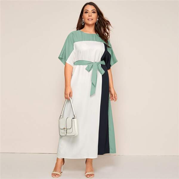 

Plus Batwing Sleeve Self Belted Colorblock Dress, Multicolor