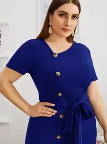 SHEIN Clasi Plus Button Front Mermaid Hem Belted Dress - Blue - View 5