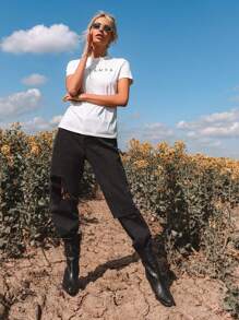 SHEIN Essnce Letter Graphic Short Sleeve Tee - White - View 3