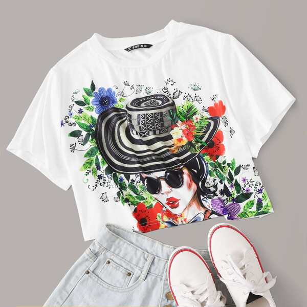 

Figure and Floral Print Crop Boxy Tee, White