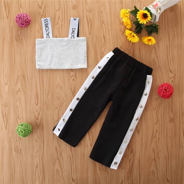 

Toddler Girls Letter Strap Cami Top & Button Side Pants, Multicolor