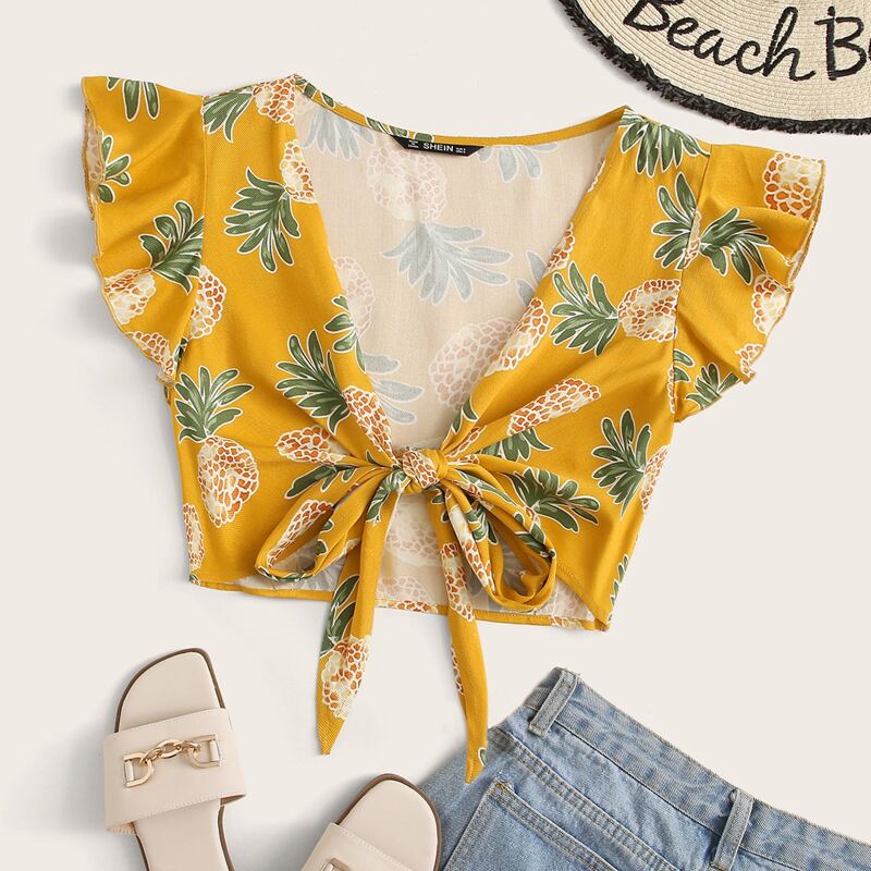 

Pineapple Print Ruffle Armhole Tie Front Top, Yellow