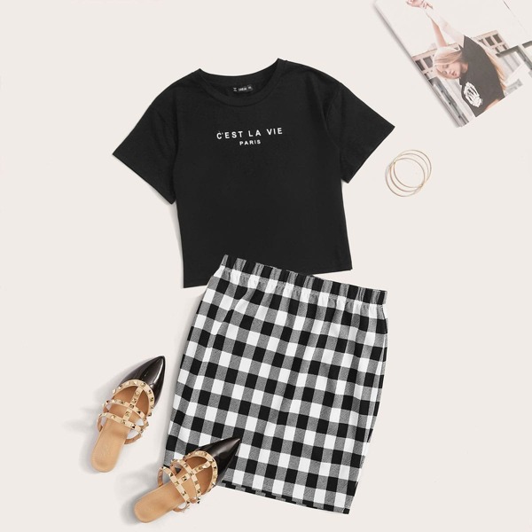 

Slogan Graphic Tee & Gingham Skirt Set, Black and white