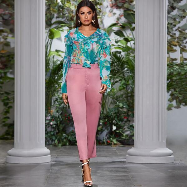 

Tropical Print Ruffle Trim Chiffon Blouse, Blue