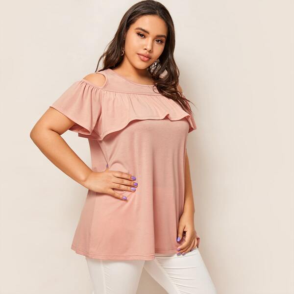 

Plus Open Shoulder Ruffle Trim Tee, Pastel pink