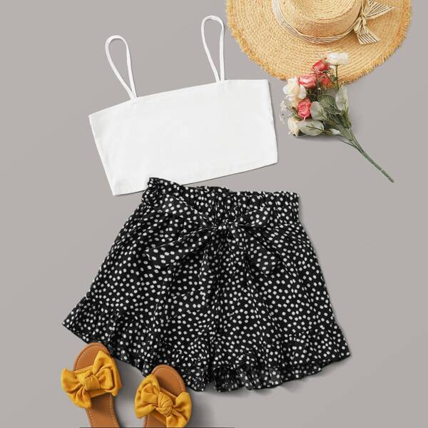 

Solid Crop Cami Top & Ditsy Floral Belted Shorts, Black and white