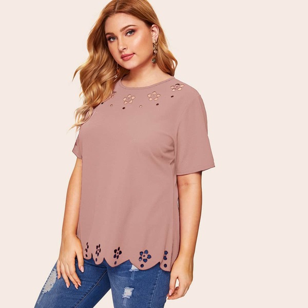 

Plus Laser Cut Out Wave Edge Tee, Pink