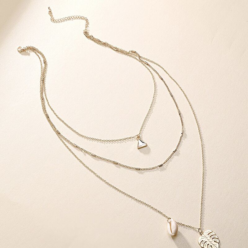 

1pc Layered Leaf & Shell Pendant Necklace, Gold