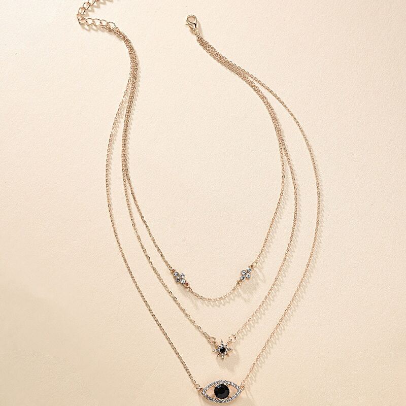 

1pc Rhinestone Engraved & Eye Charm Layered Necklace, Gold