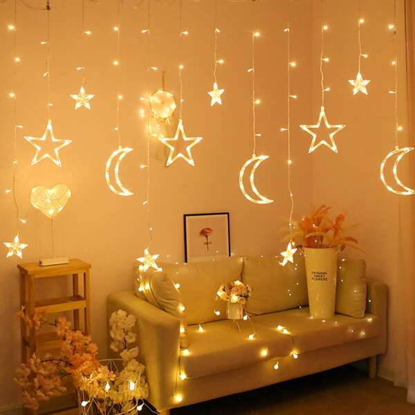 

138pcs Star & Moon Curtain String Light, Yellow