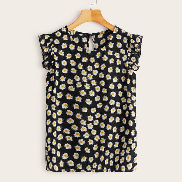 

Allover Daisy Print Ruffle Cuff Blouse, Black