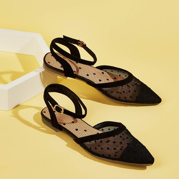 

Polka Dot Mesh Ankle Strap Flats, Black