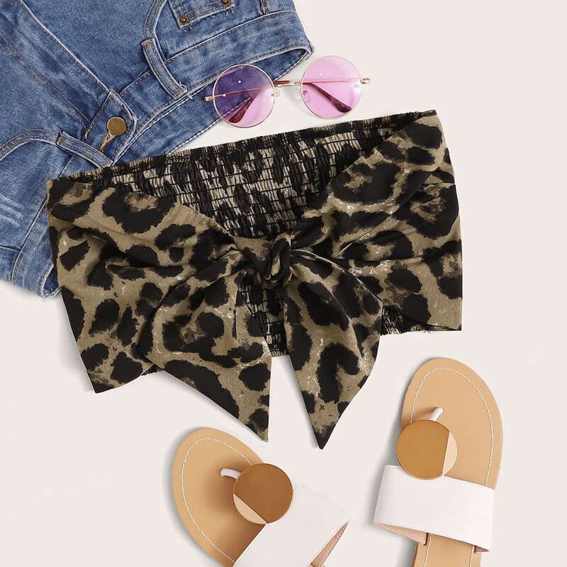 

Leopard Knotted Shirred Crop Top, Multicolor