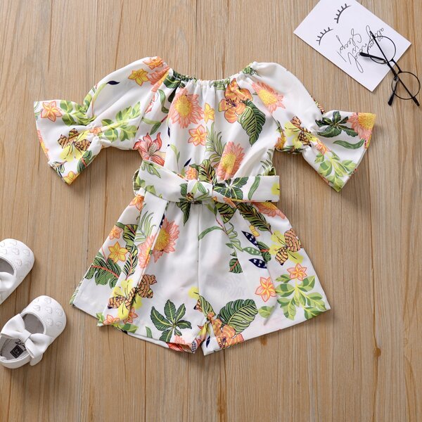 

Toddler Girls Floral Flounce Sleeve Belted Romper, Multicolor