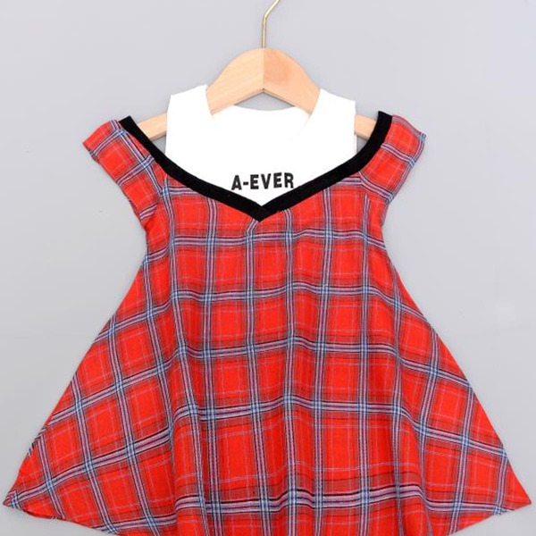 

Toddler Girls Tartan Open Shoulder Combo Flare Dress, Red
