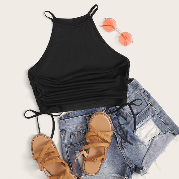

Drawstring Ruched Side Cami Top, Black