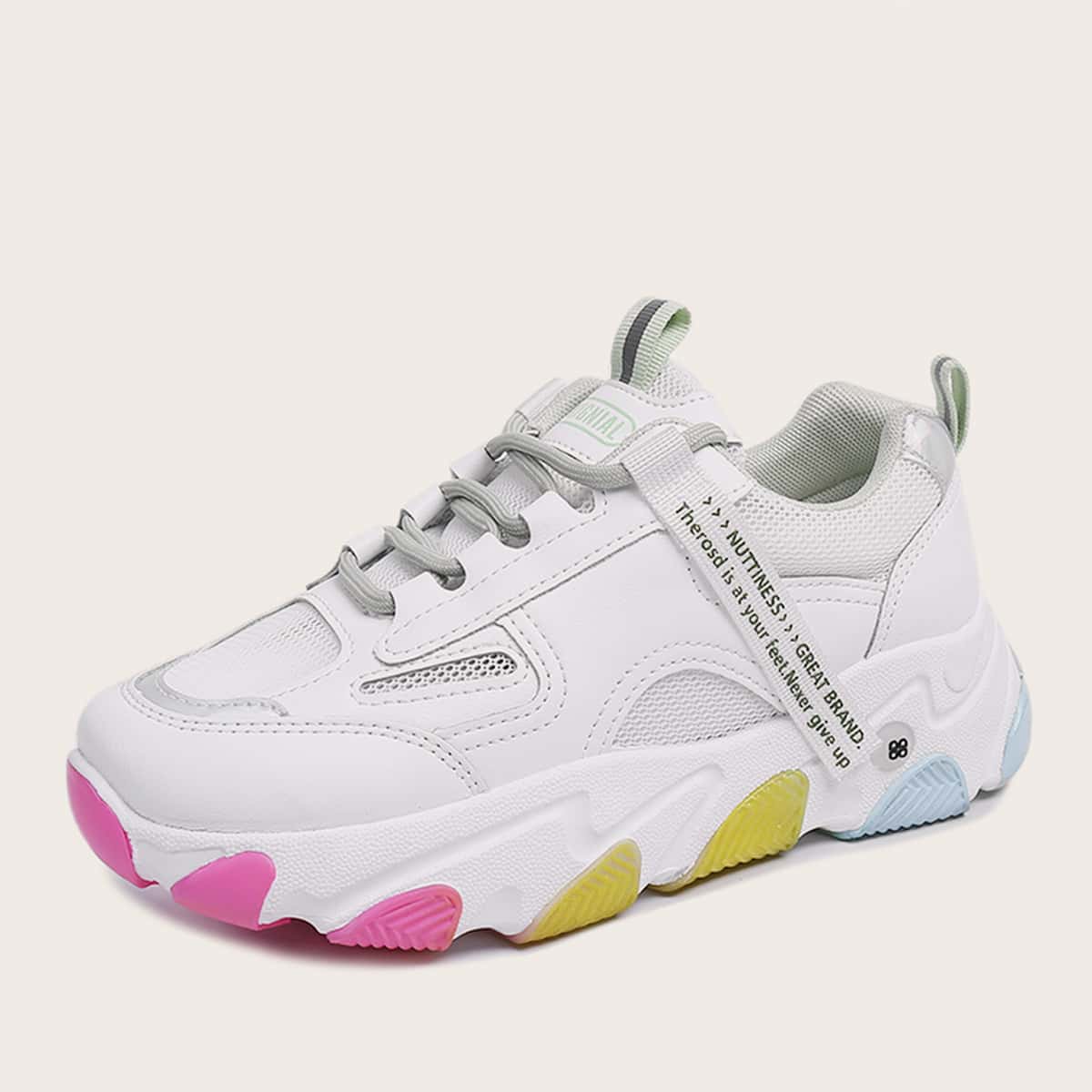 

Letter Tape Decor Lace-up Front Chunky Sneakers, White