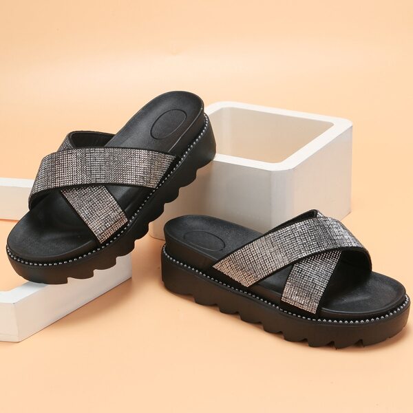 

Cross Strap Wide Fit Sliders, Silver