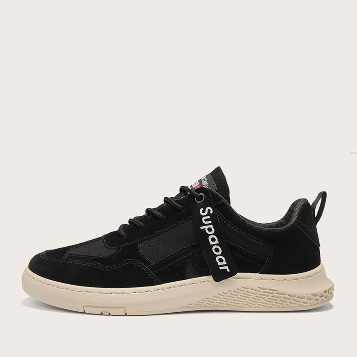

Guys Lace-up Front Letter Tape Decor Sandals, Black