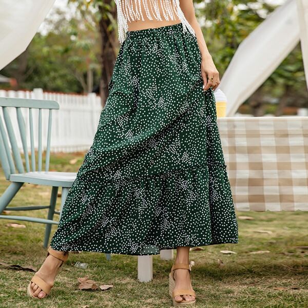 

Polka Dot Frill Ruffle Hem Maxi Skirt, Green
