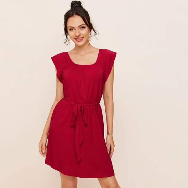 

Cap Sleeve Solid Belted Dress, Red