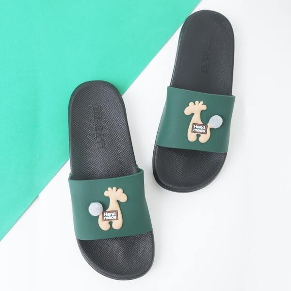 

Men Pom-pom Decor Cartoon Graphic Slippers, Green