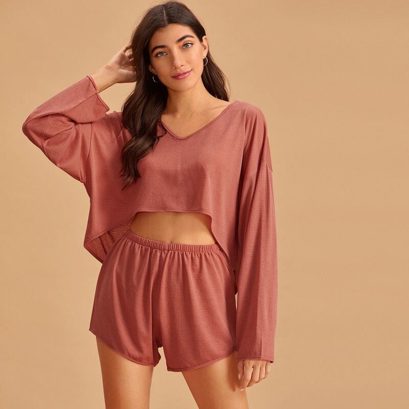 

Solid Drop Shoulder High-Low Top & Shorts Pajama Set, Pink
