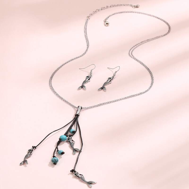 

1pc Tassel Mermaid Chain Necklace & 1pair Earrings