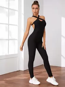 Criss Cross Backless Halter Sports Jumpsuit - Black - View 1