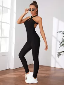 Criss Cross Backless Halter Sports Jumpsuit - Black - View 5