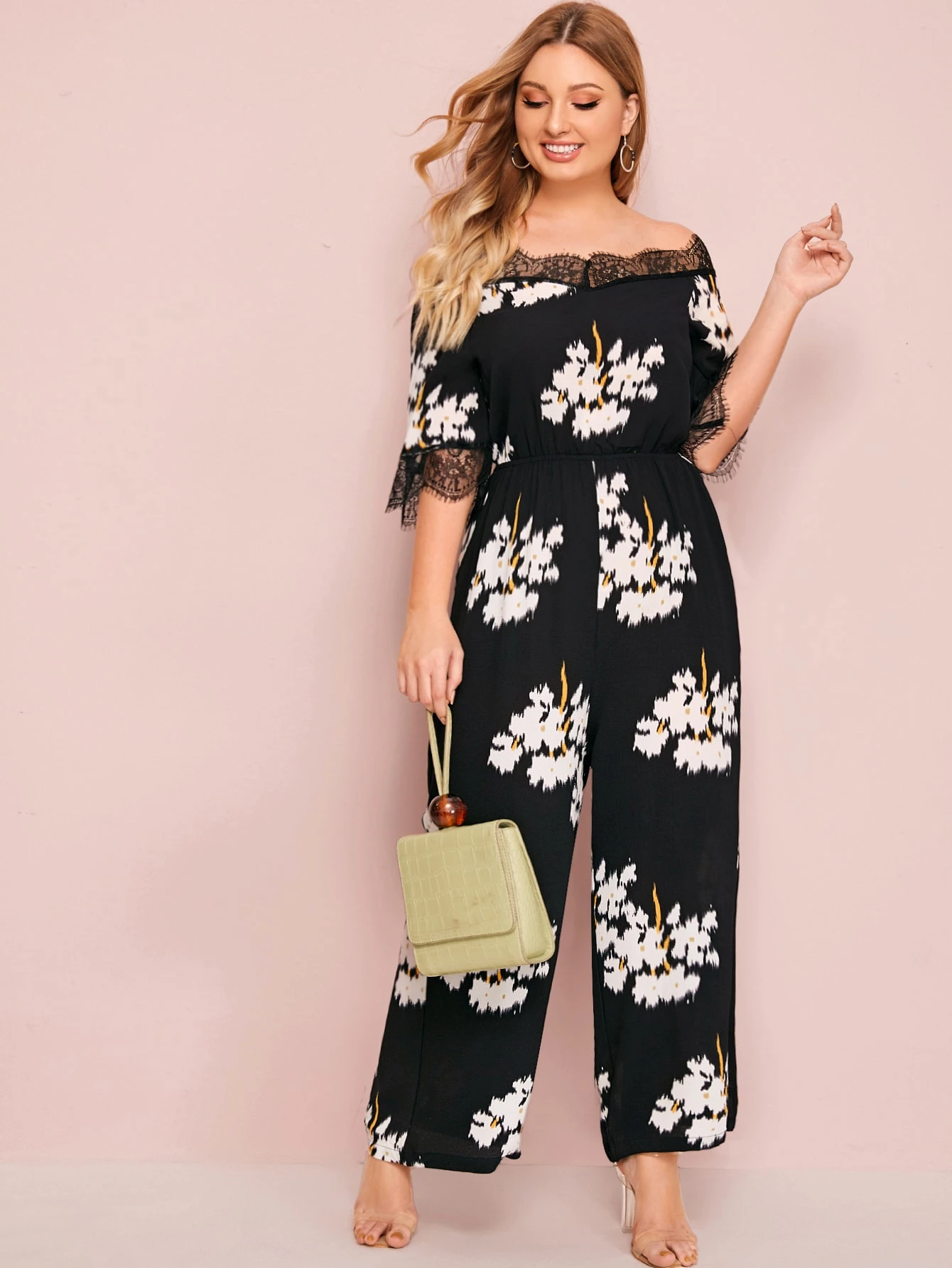 bardot lace trim crop jumpsuit