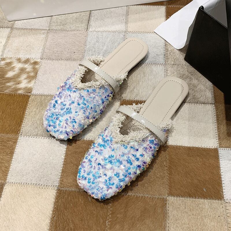 

Square Toe Sequin Decor Flat Mules, Blue
