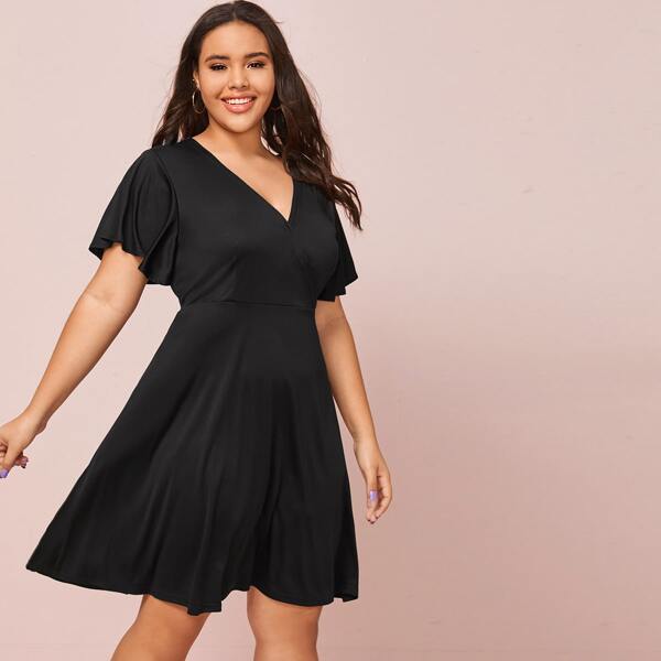 

Plus Surplice Neck Butterfly Sleeve A-line Dress, Black