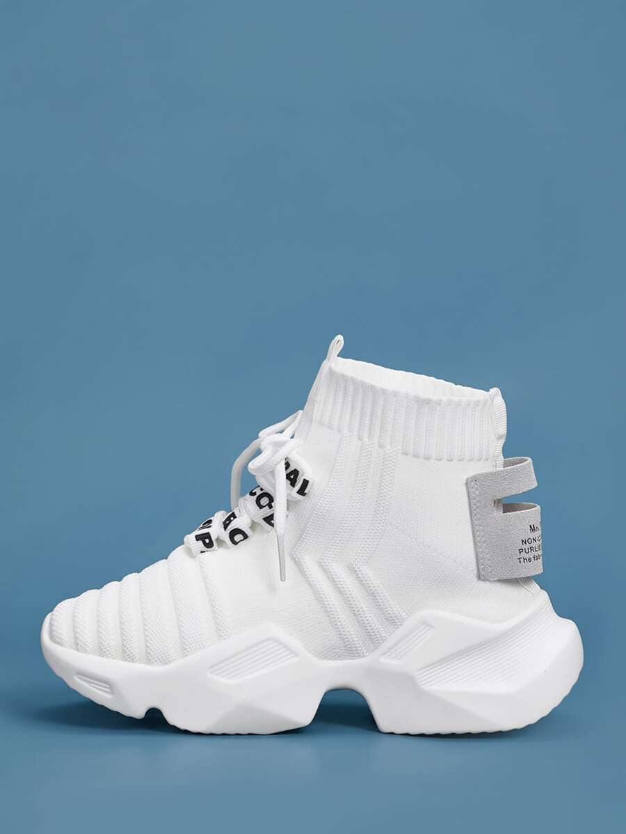 Lace-up Front Letter Patch Sneakers - White - View 1