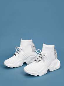Lace-up Front Letter Patch Sneakers - White - View 2