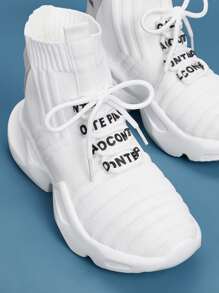 Lace-up Front Letter Patch Sneakers - White - View 3