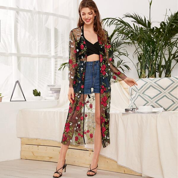 

Open Front Embroidery Mesh Sheer Kimono, Multicolor