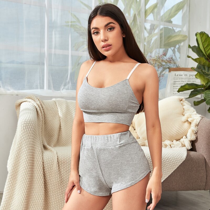 

Solid Rib-knit Cami Lounge Set, Grey