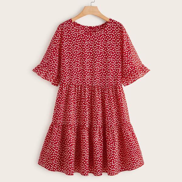 

Plus Flounce Sleeve Ruffle Hem Ditsy Floral Dress, Red